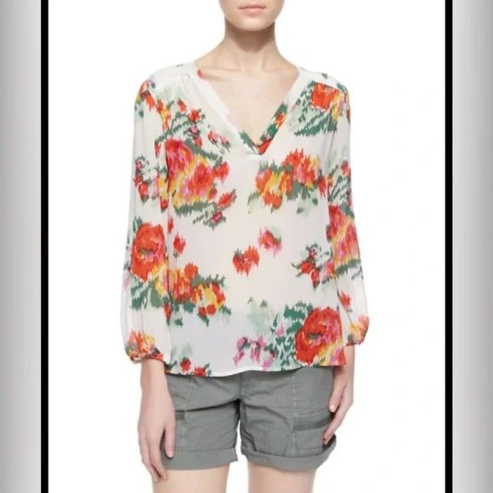 Joie Axcel Floral Ikat-Printed Silk Blouse, Porcelain‎ Size XS